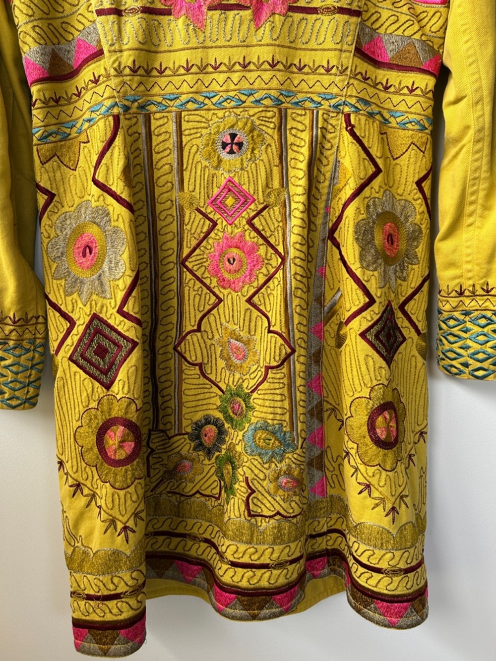 Vintage Embroidered Chartreuse & Pink Women's Denim Duster - Picture 6 of 8